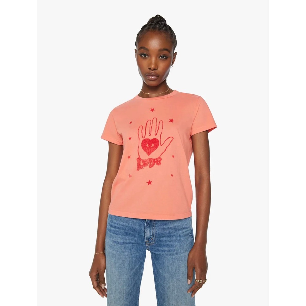 MOTHER Denim The Itty Bitty Goodie Goodie Tee Coral Glitter Heart Hand Star S